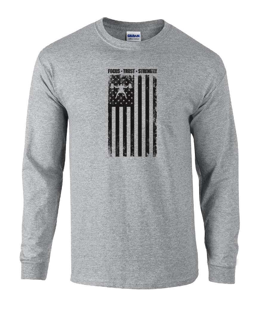 elitefts Focus Trust Strength Flag Black Long Sleeve T-Shirt